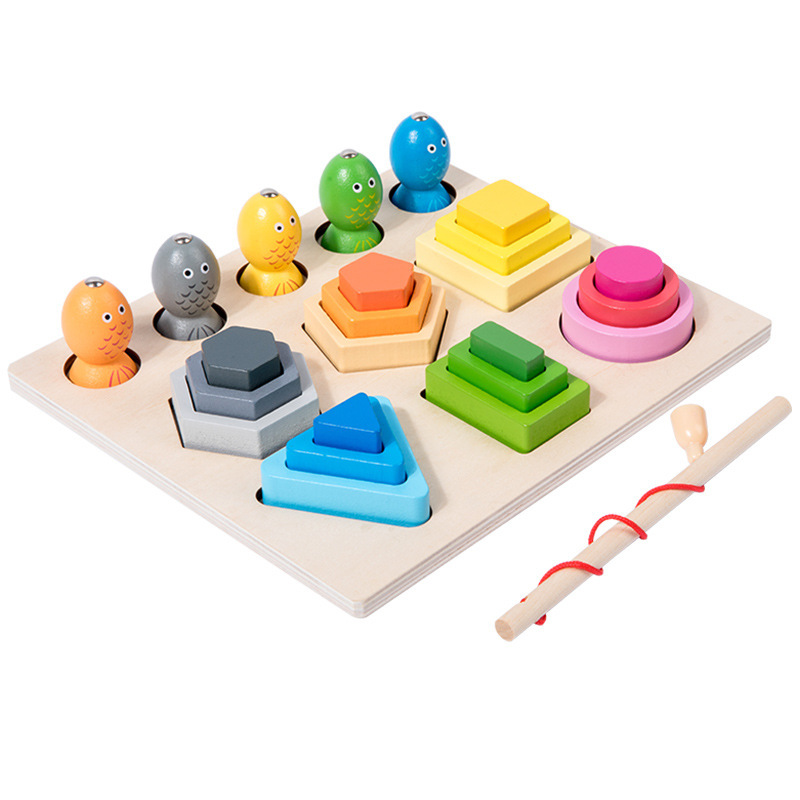 Forma geométrica a juego columna de madera magnética pesca dos en uno bloques de construcción juguetes de educación temprana de los niños