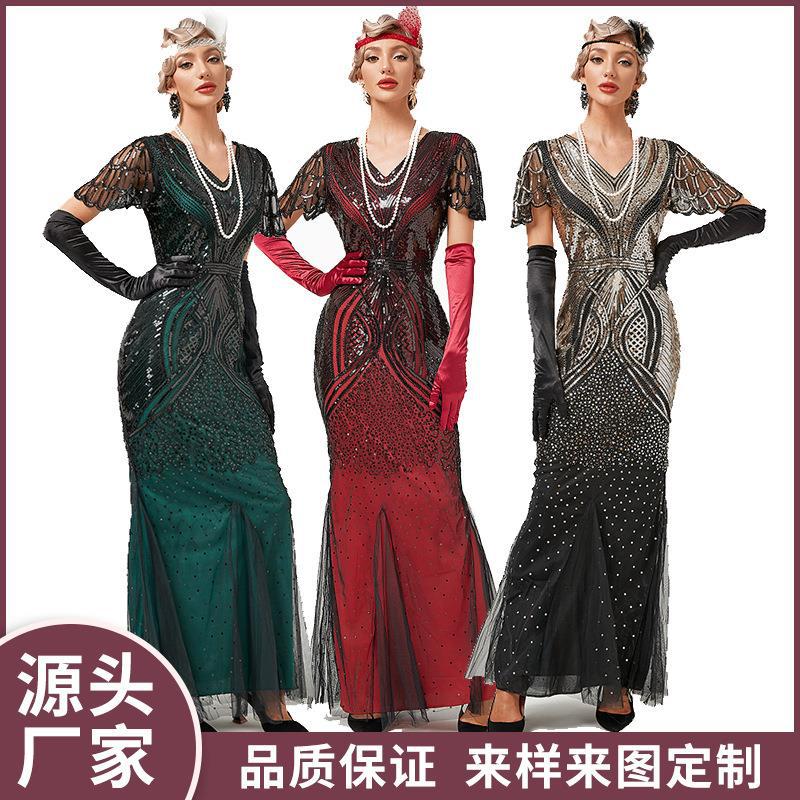 Spring and Summer New Cross-border 2022 Banquet Host European and American Slim-fit Mesh Sequin Beaded Evening Dress Fishtail dress