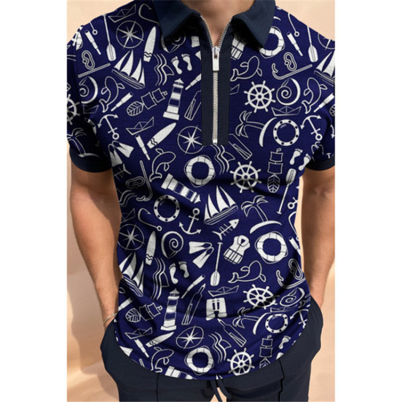 Camiseta Polo con Cierre de Solapa y Estampado Geométrico para Hombre, Estilo Europeo y Americano, Camiseta de Manga Corta de Verano para Hombre, Estilo Moderno Europeo y Americano 2025