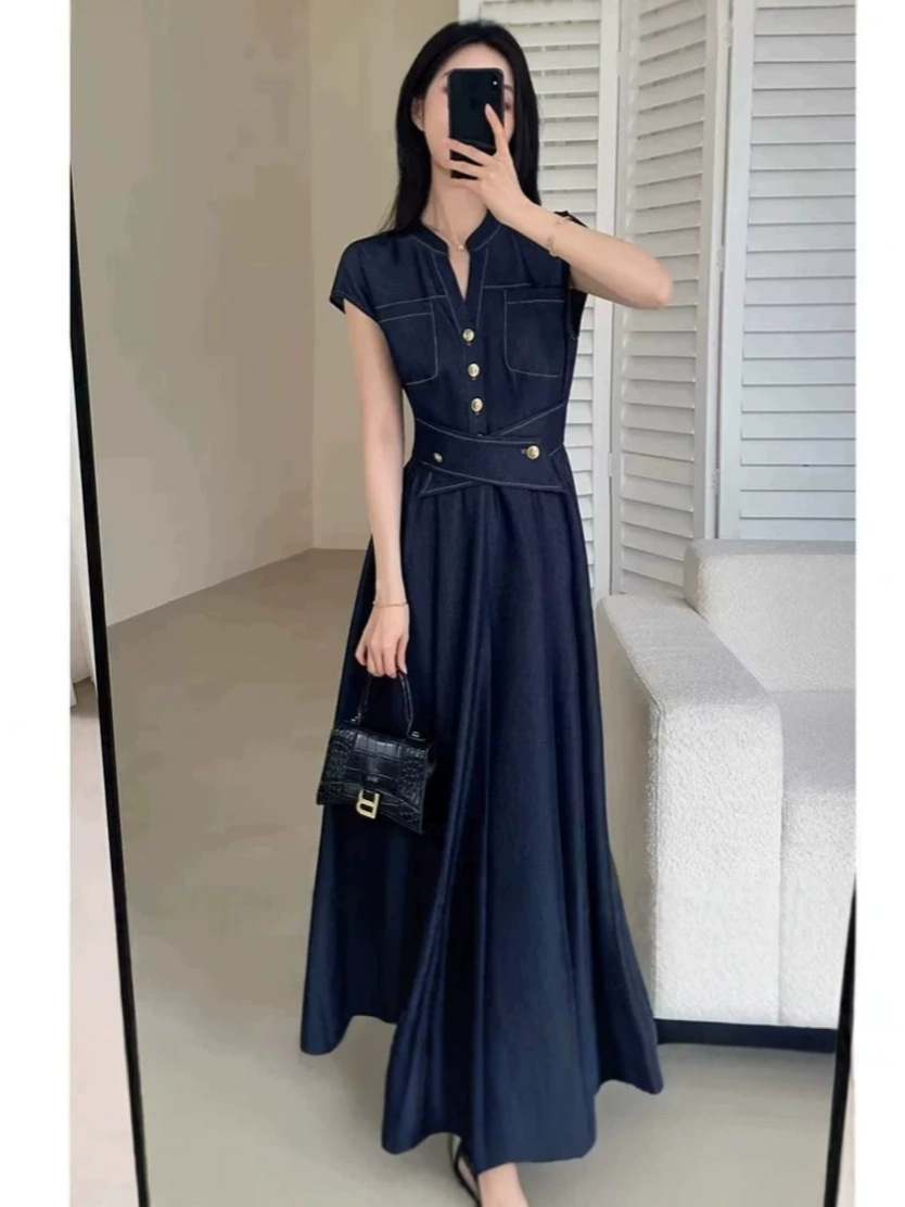 Váy denim thời trang tay ngắn thắt eo tôn dáng — màu xanh đậm