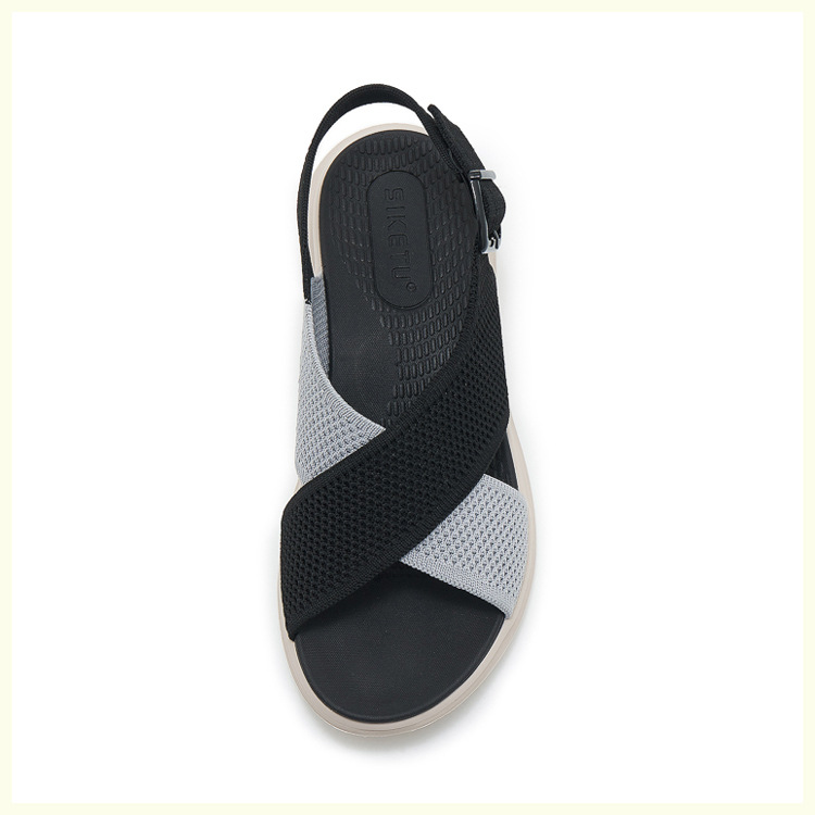 Sandal nữ quai chéo dệt kim phối dây rút, đế MD nhẹ êm — màu be, màu đen, xanh lam, màu hồng chi tiết 27