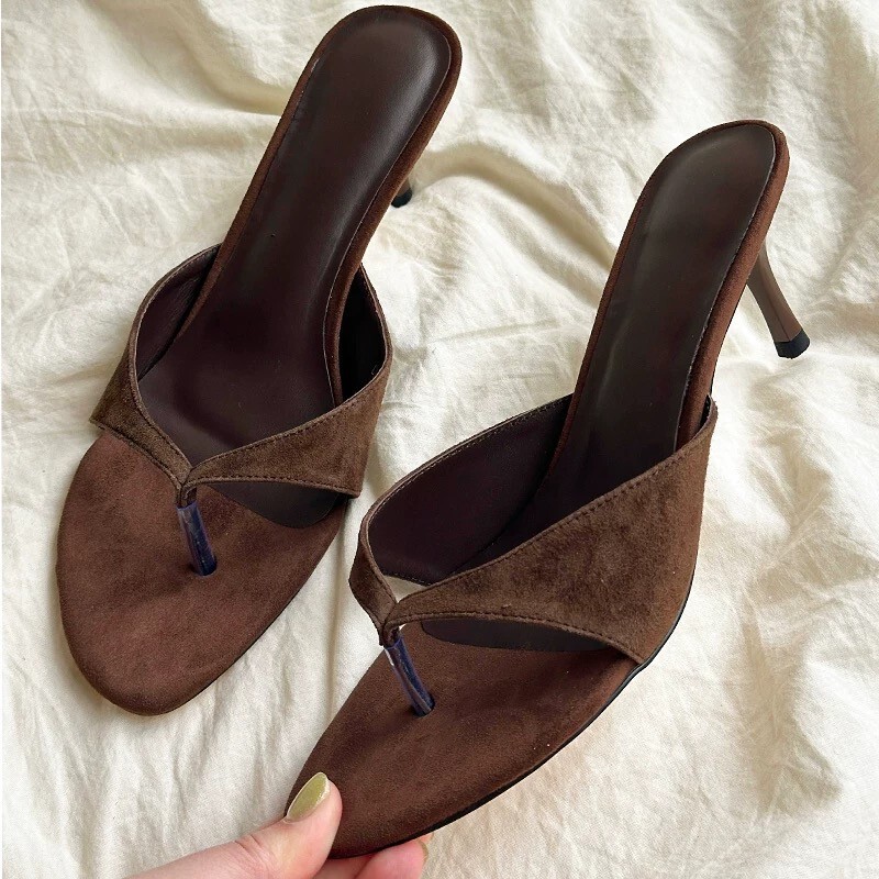 Soft Leather Version ~ Retro High-heeled Flip-flops Flip-flops Women's Outwear Dress Simple Elegant Thin-heeled Sandals