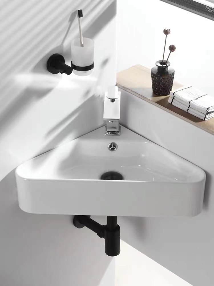 Balcón triángulo colgando cuenca en forma de abanico de lavabo montado en la pared esquina/giro ángulo recto lavabo