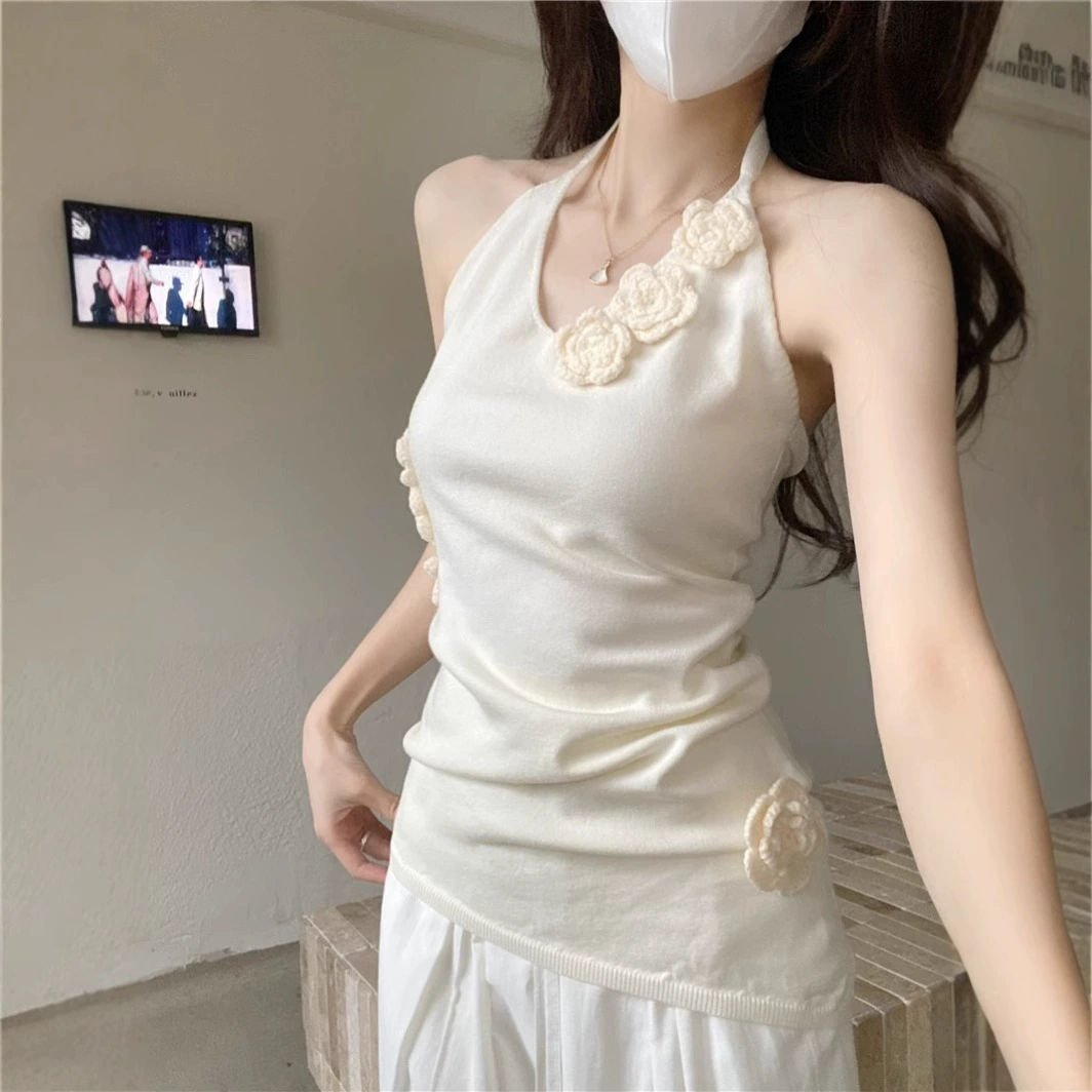 Женский жилет с v-образным вырезом и трехмерным цветком на лето, шикарный дизайн, облегающий крой, популярный верхний топ на подтяжках для девочек