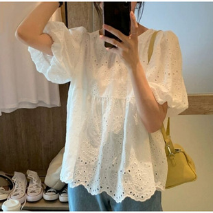 Summer New Embroidered Top White Design Casual Pullover Versatile Hollow Short-Sleeved Shirt M-4Xl 100kg