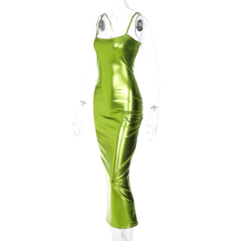 Sexy Solid Color U Neck Sleeveless Patchwork Pu Maxi Long Dress Strap Dress display picture 6