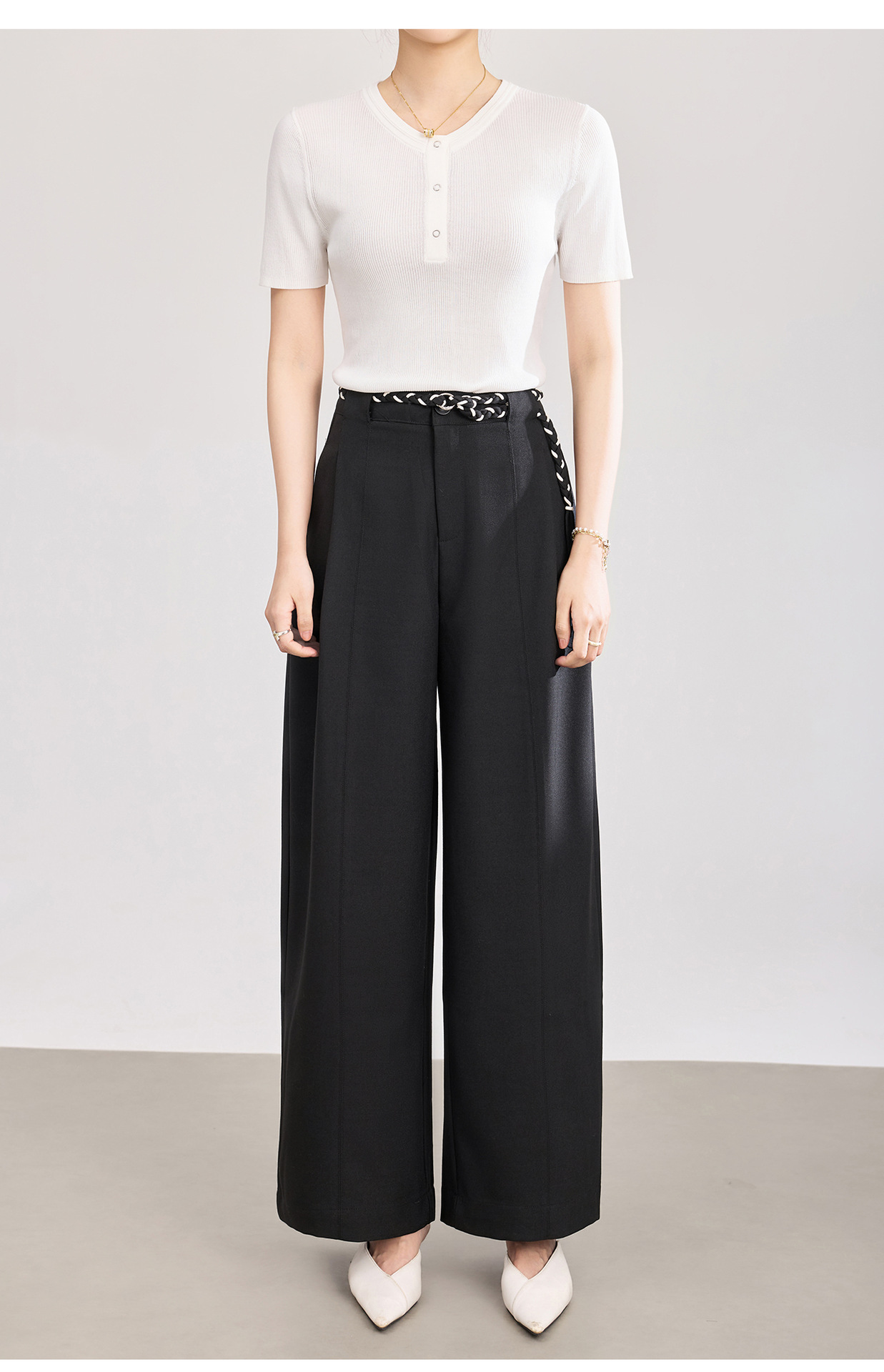 Quần culottes nữ ống rộng cạp cao kèm thắt lưng dệt bản to — màu đen chi tiết 20