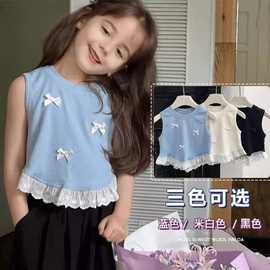女童韩版蝴蝶结小背心夏装新款儿童甜美拼接花边无袖T恤上衣潮