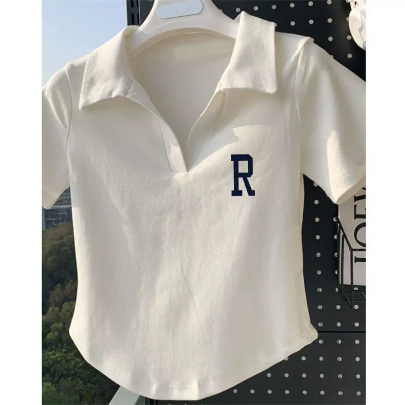 Белая футболка с короткими рукавами и воротником-поло для женщин, летняя нишевая футболка для похудения, чистая страсть, сексуальный короткий топ с принтом, хлопковые вставки