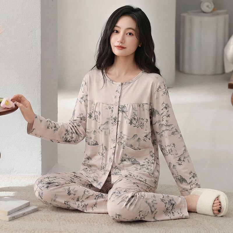 Cotton Pajamas for Middle-Aged Mothers, Spring and Autumn Round-Neck Cardigan, Long-Sleeved Trousers, Loose-Fitting Home Suit for Elderly Women
