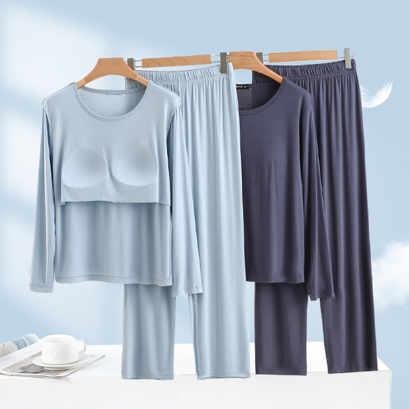 Long-Sleeved Home Clothes with Breast Pads, Spring & Fall Thin Modal Bra-Free Pajamas, Large Size, Can Be Worn Outside, Casual Two-Piece Set