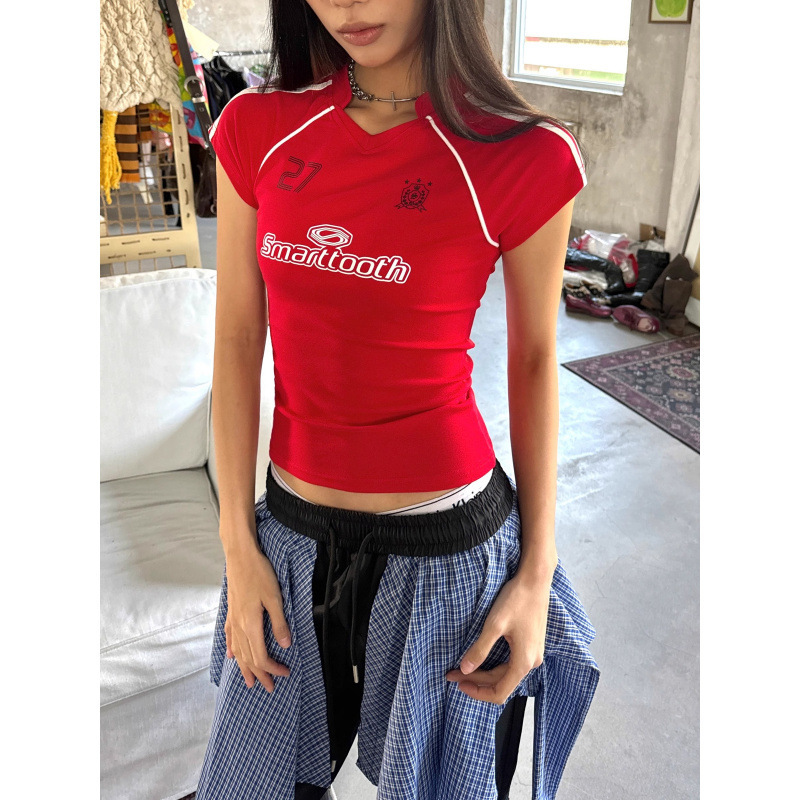 [210g 40 Count Fine Cotton 1*1] Retro Red Football Baby Jersey Short-Sleeved Tight-Fitting Short T-Shirt for Women Summer