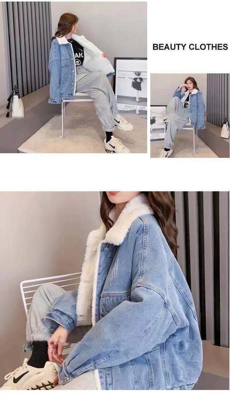 630g Weight Long Sleeve Sleeve Length Single Breasted Placket Type Regular Sleeve Sleeve Type Polyester Fabric Type Ordinary Model (50cm <Length ≤ 65cm) Top Length Coat Tops Type Shirt Collar Neckline Loose Fit Type Solid Color Pattern Women's Gender Temperament Commuter, Urban Style Style Lamb Fur Lined Thickened Denim Jacket Women's Autumn Winter Loose Versatile Short Style Fleece Inner Cotton Coat For Students 11