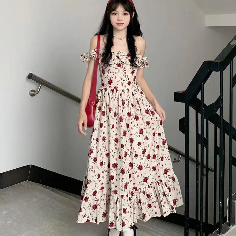 法式复古玫瑰小飞袖连衣裙女夏新收腰显瘦气质方领碎花中长款裙子|undefined