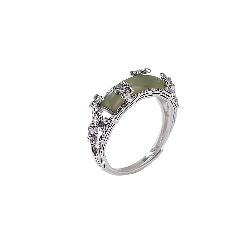 Nhẫn nữ bạc S925 mạ vàng đính ngọc Hetian sapphire hình bướm phong cách retro cổ điển — Một mảnh