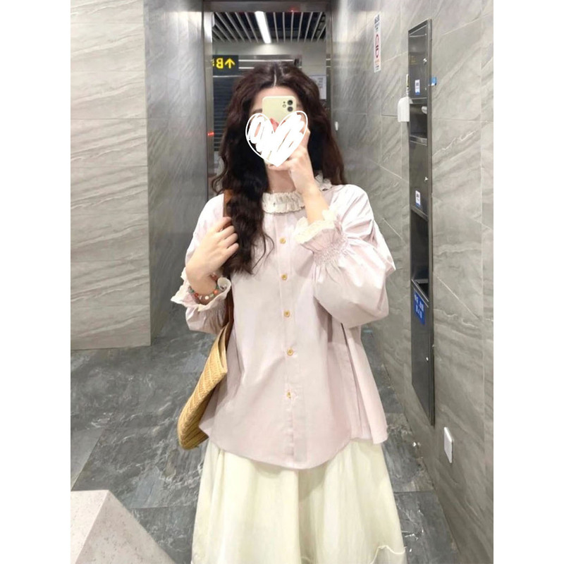 学院风文艺气息花边圆领粉色长袖衬衫女新款宽松|undefined