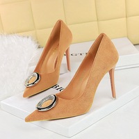 9511-K61 banquet women's shoes with foot repair, slimming effect, super high heels, suede, shallow mouth, pointed metal rhinestone buckle, single shoe, high heels