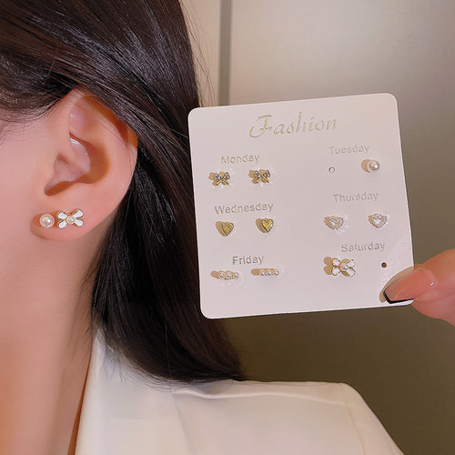 S925 Silver Needle Small Fresh Simple Pearl Set Earrings Ins Trendy Versatile Temperament Student Bow Earrings Women