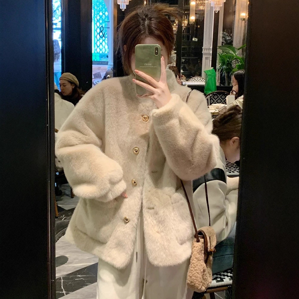 【明星同款】小香立领仿水貂毛环保皮草女秋冬季皮毛一体毛毛外套