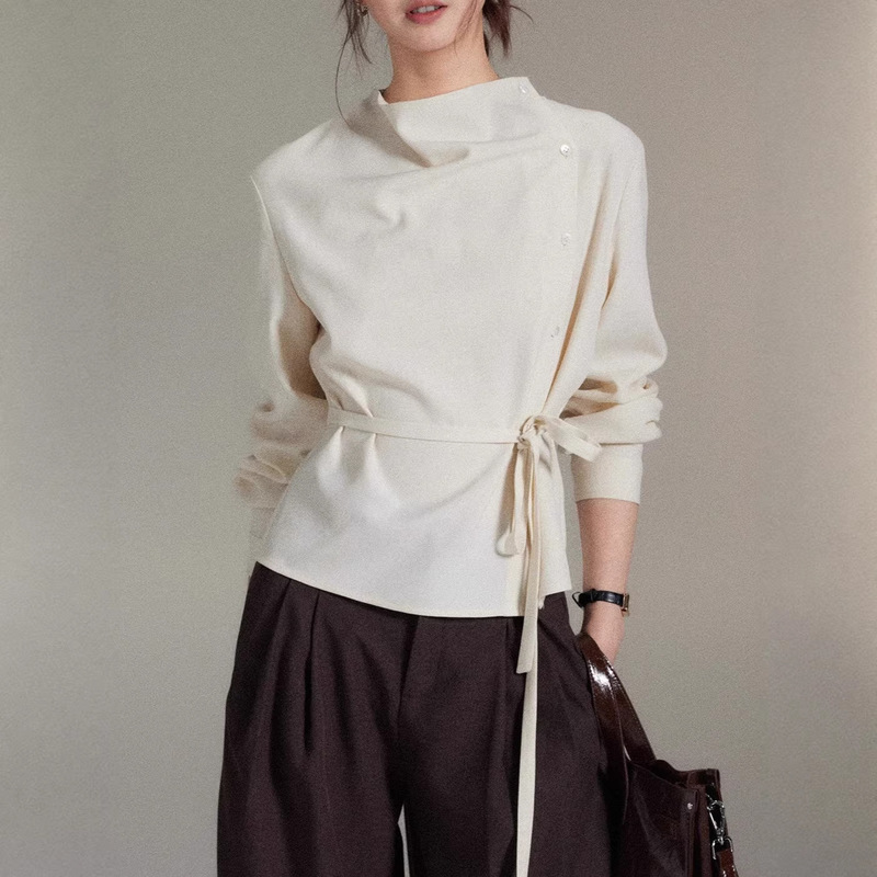 Eryang Design【Trendy】Simple Asymmetric Draped Collar Diagonal Placket Tie-Waist Top Women's High-End Shirt