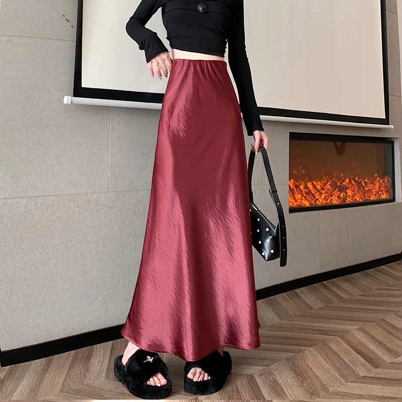 French Heavyweight 260g Acetate Satin Skirt for Women Autum High-Waisted Slimming Look A-Line Skirt New High-End Sense