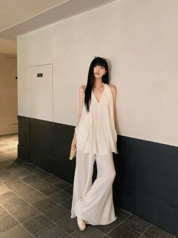 リボン V ネックルーズノースリーブシャツベスト女性の夏の禅スーツ薄いカジュアルワイドレッグパンツ 2 点セット|undefined