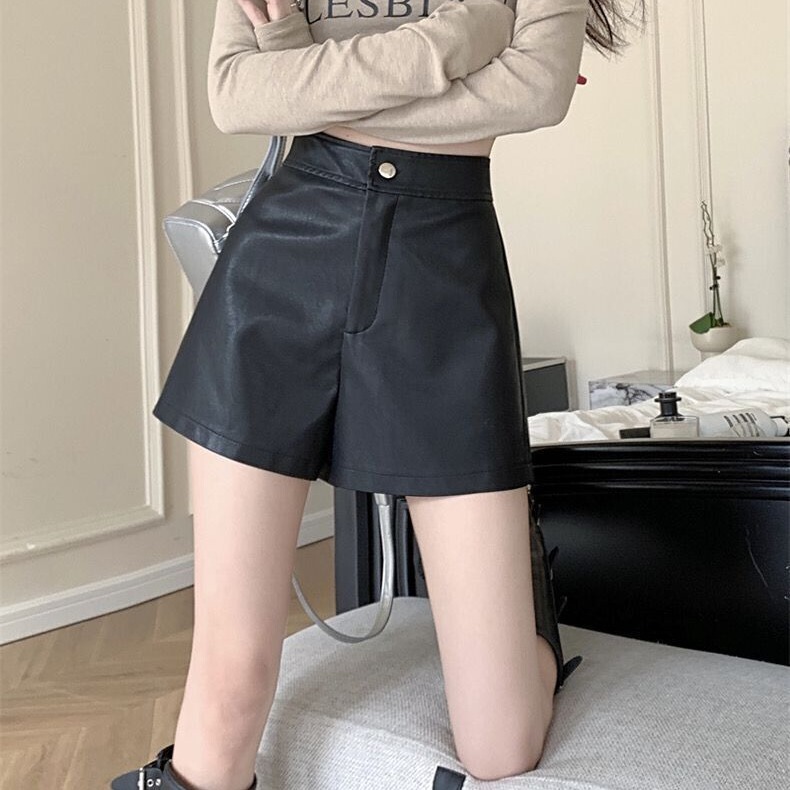 2023 hot pants leather shorts women's autumn and winter pu chubby girl slimming wide leg A- line boot pants casual all-match Street shooting wind hot