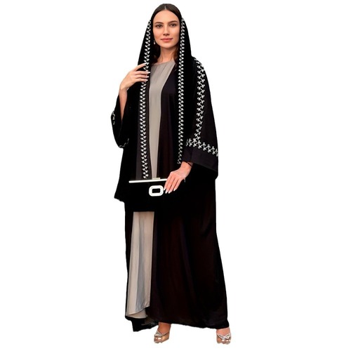 New Abaya Muslim Fashion Elegant Open Robe with Batsleeve Embroidered Headscarf Factory