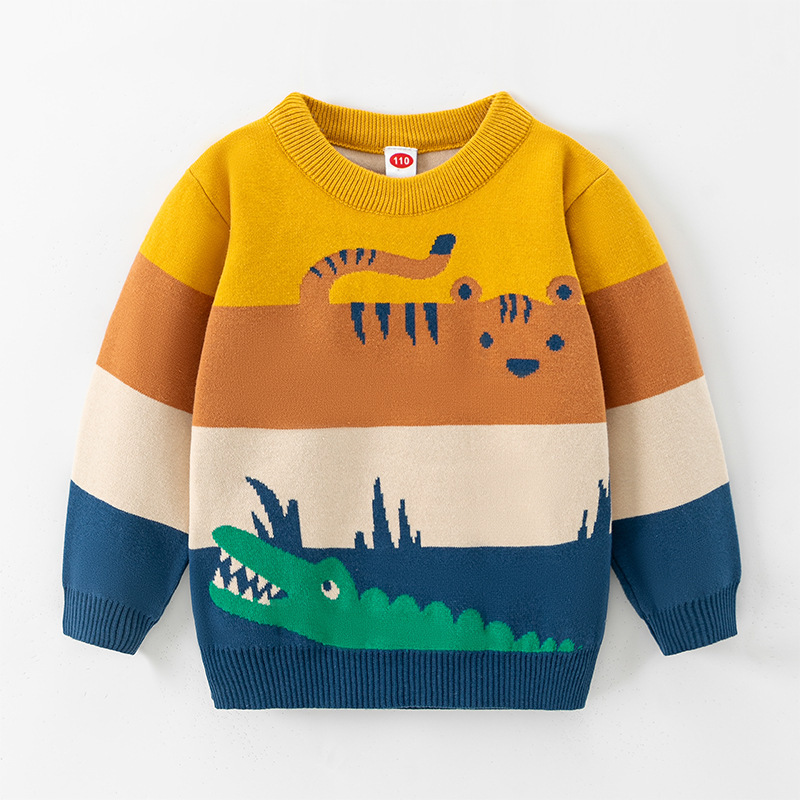 Children's Clothing Boys' Knitted Double-Layer Sweater 2026 Autumn and Winter New Style Kidsren's Stylish Cartoon Animal Jacquard Sweater Trendy