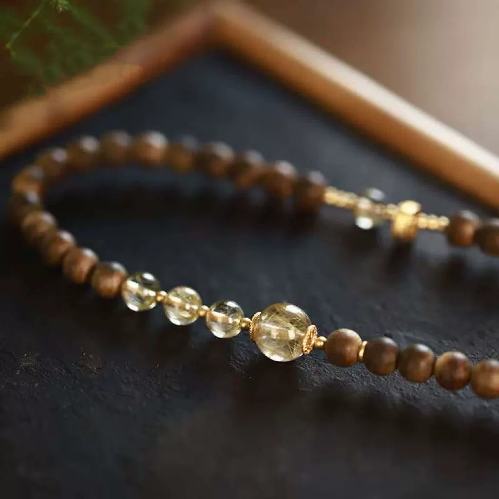 Индийский браслет из сандалового дерева Майсора Лаошань с двойным кругом и бисером в китайском стиле, легкий роскошный нишевый браслет из стерлингового серебра с золотым рутиловым кварцем, подарок.