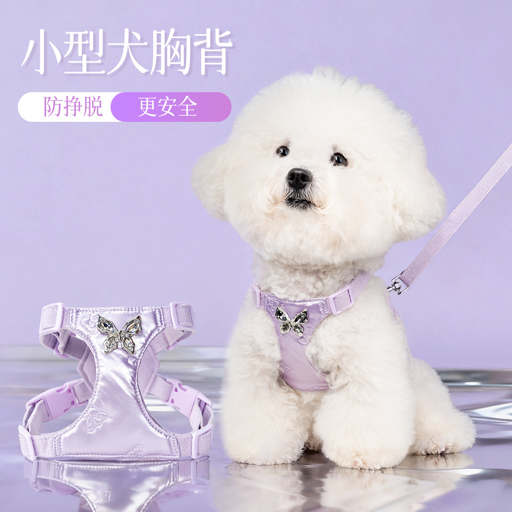 新款狗狗牵引绳小型犬胸背带轻松遛狗金属蝴蝶结狗绳精致宠物胸背