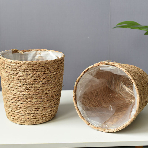 Woven grass flower pot, plant basket, flower pot cover, home living room, rattan and bamboo basket, seaweed rope, handmade flower basket