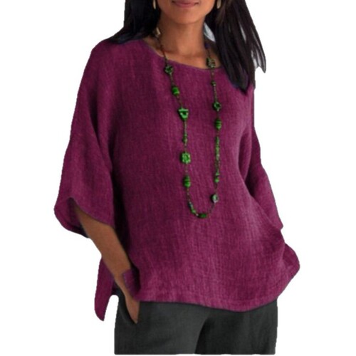 Shipment on the same day 2025 wisheaby Amazon new foreign trade women's seven-sleeve round neck cotton linen shirt top