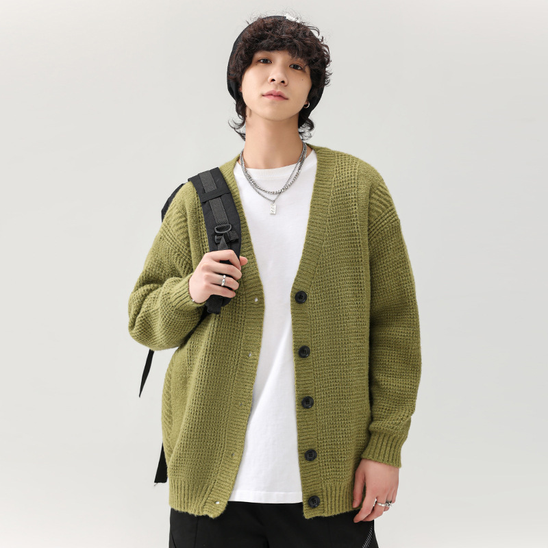 Knitted Cardigan Jacket Men's Spring & Fall American Men's V-Neck Sweater Gray Lazy Style Men's Top Korean Style