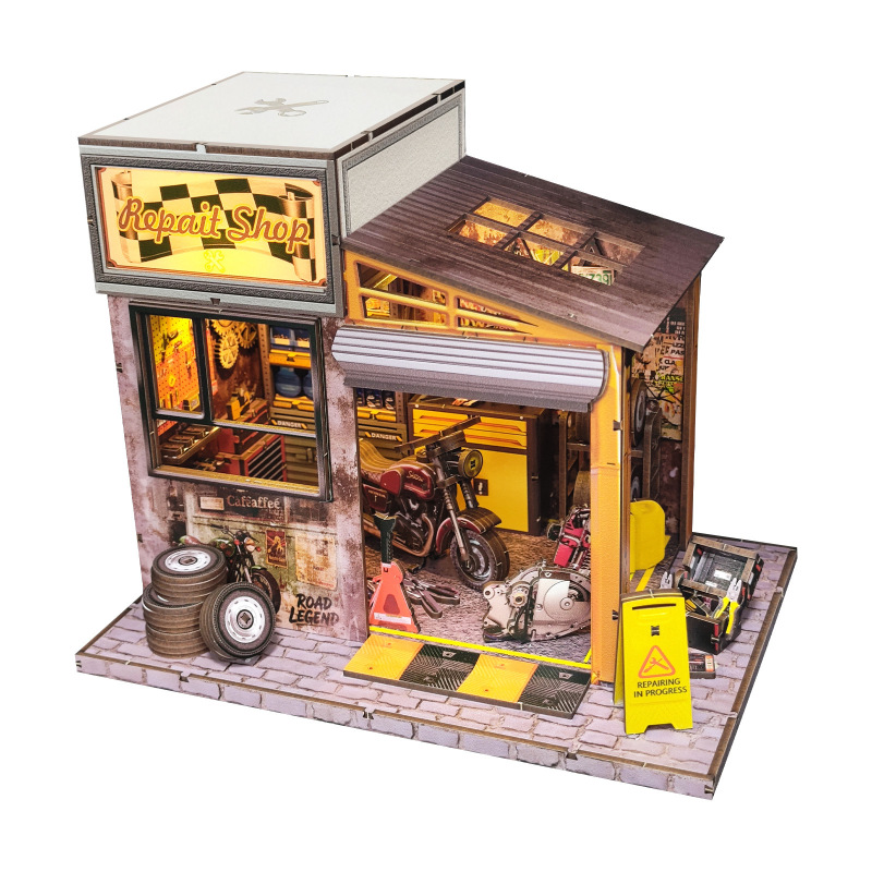 摩托汽修厂diy小屋创意拼装玩具微缩场景模型解压拼图礼物货源|undefined