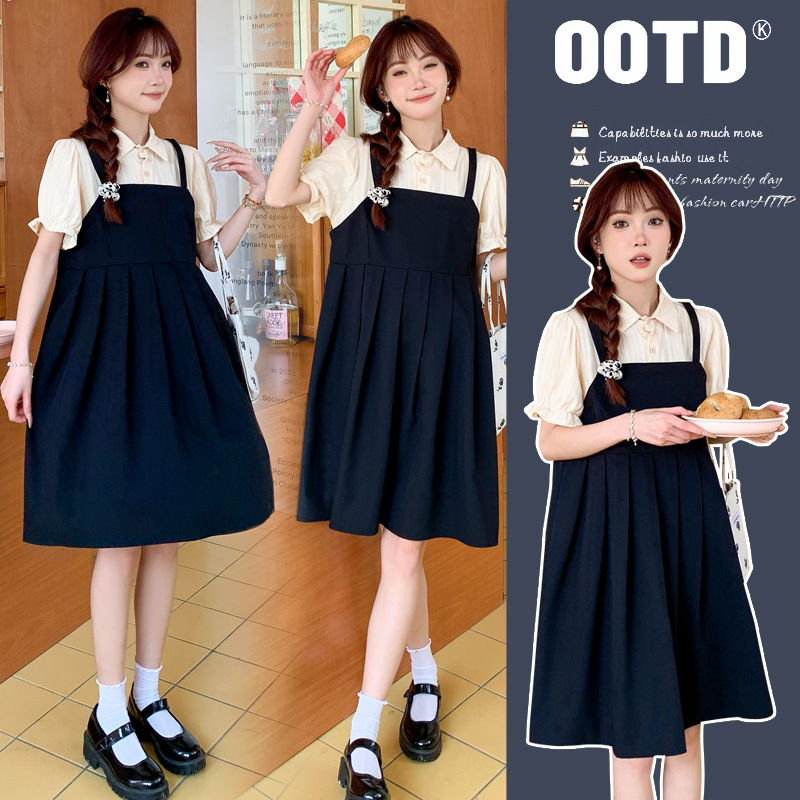 in stock real shot 2024 new cute lively age-reducing maternity fake two-piece strap small black skirt plus size women's clothing