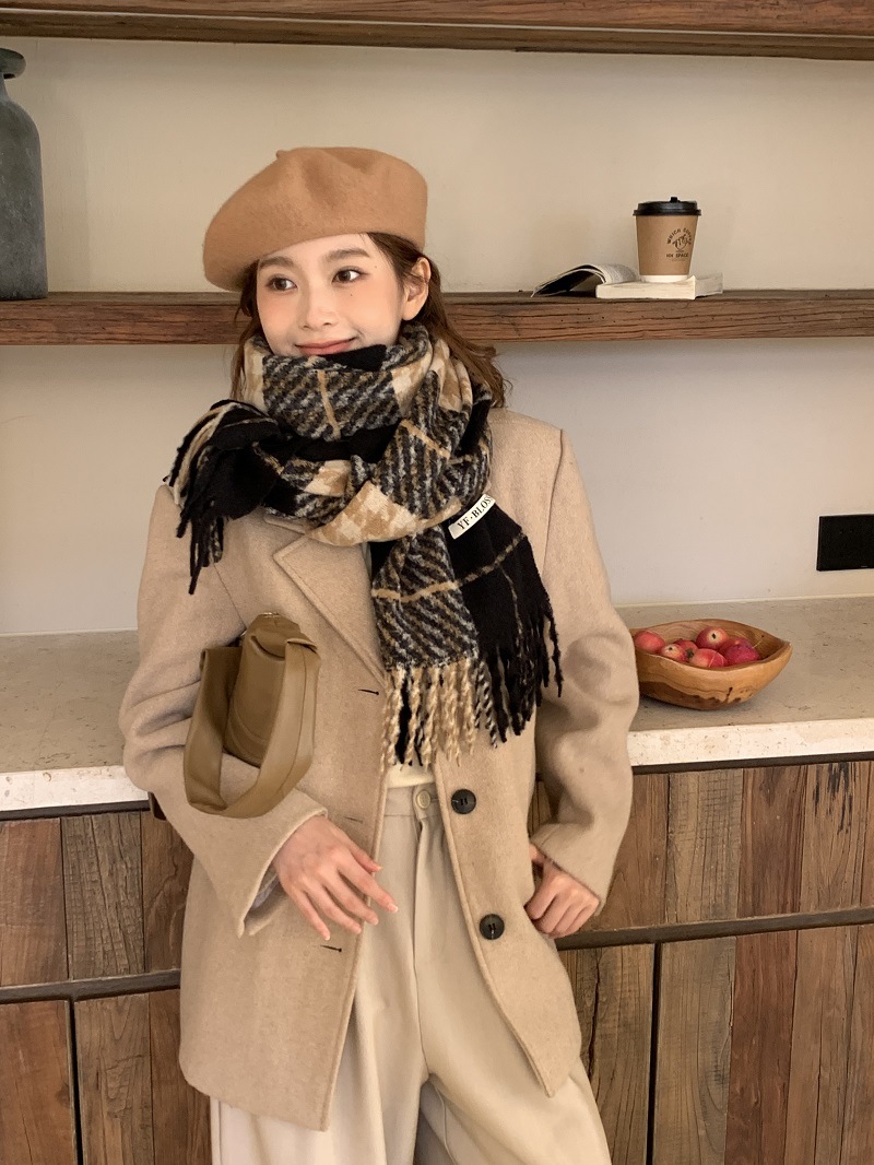Women's Cashmere Scarf In Retro Blue Thousand Bird Grid Pattern_voghion.com