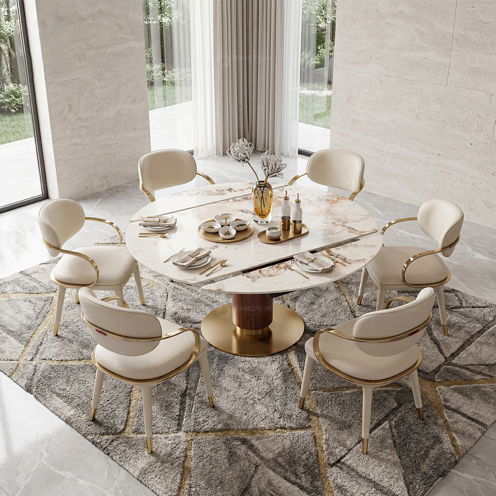 Mesa de Comedor Giratoria Extensible de Piedra Sinterizada y Acero Inoxidable para Comedor