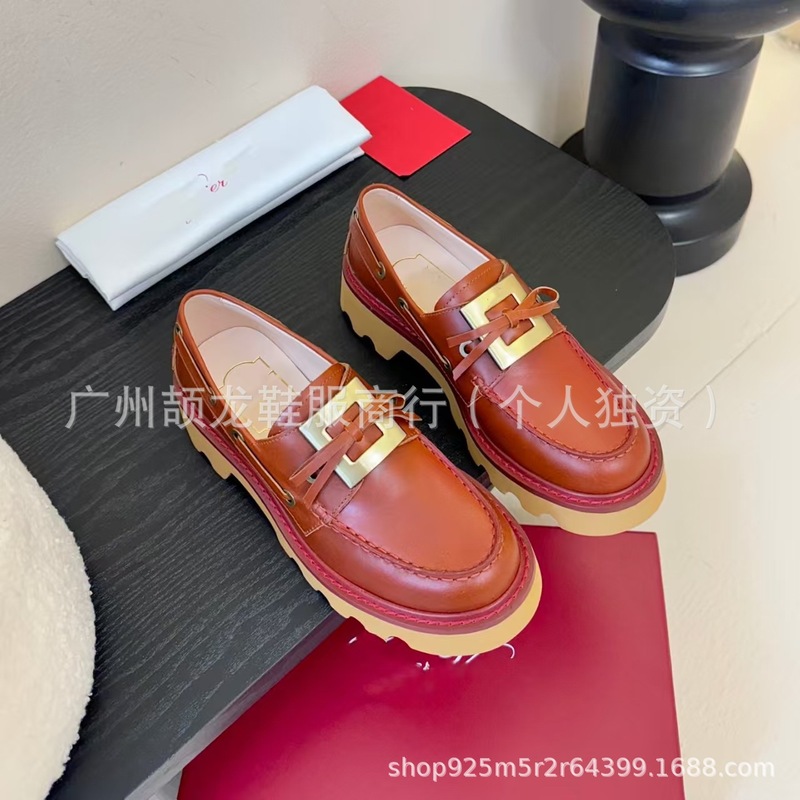 高端2025新款真皮圆头复古浅口金属方扣一脚蹬厚底增高乐福鞋单鞋|undefined