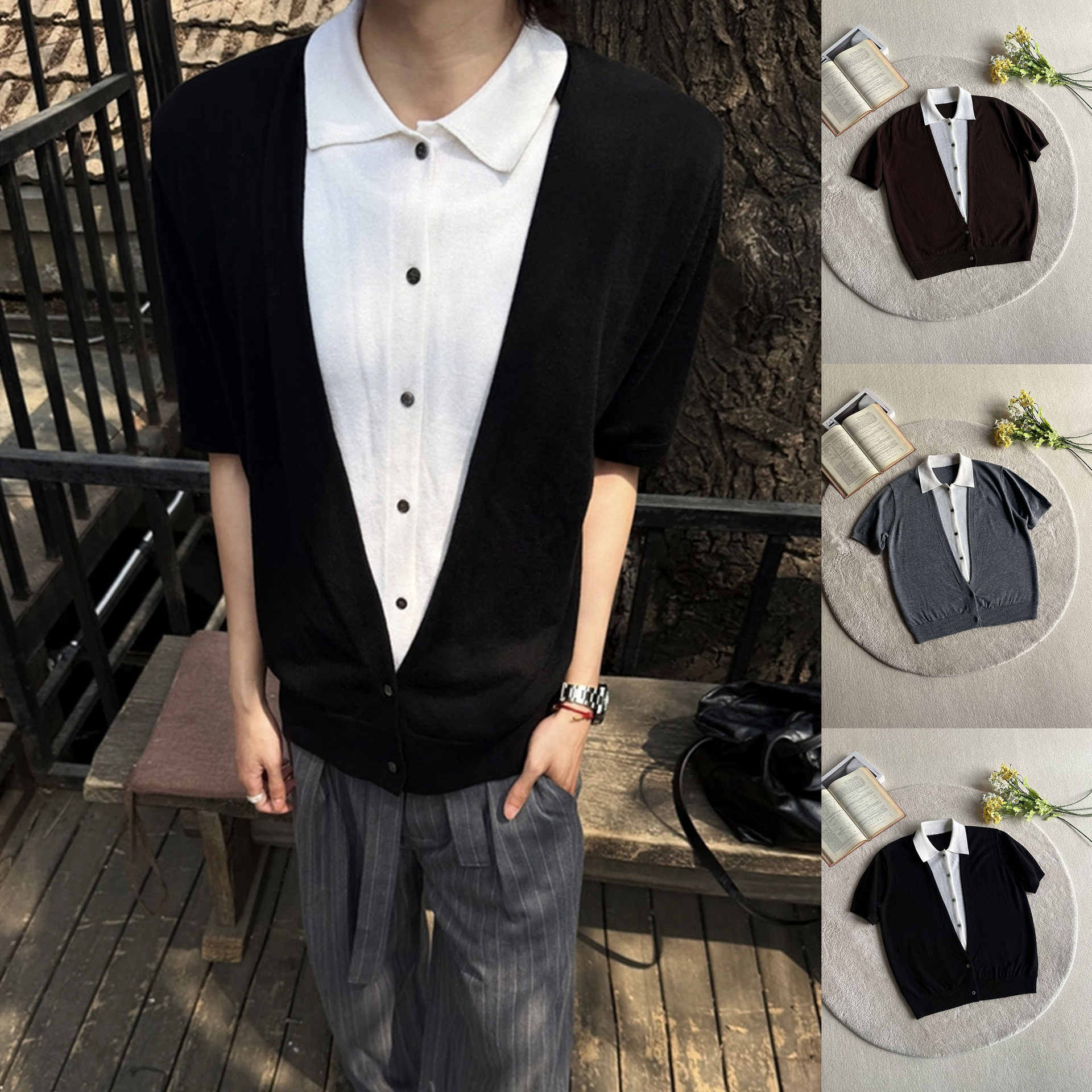 Camisas de polo de manga corta de estilo antiguo, camisetas de punto masculinas falsas de dos piezas, camisetas de hielo, camisetas de verano, fábrica transfronteriza al por mayor