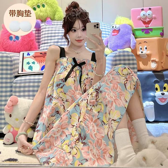 Camisón camisón niña nube cinturón de algodón cojín fijo para el pecho estampado dulce lazo coreano lindo servicio a domicilio casual