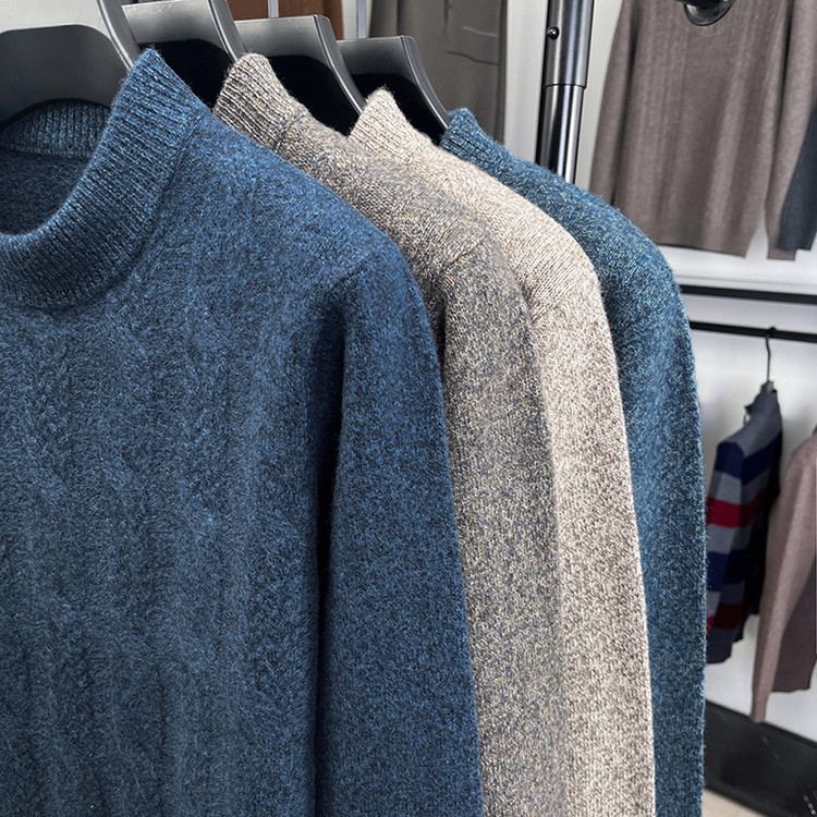 Jacquard invierno nuevo 100% lana de oveja hombre engrosado medio cuello suéter de fondo suave glutinoso suéter de punto suelto