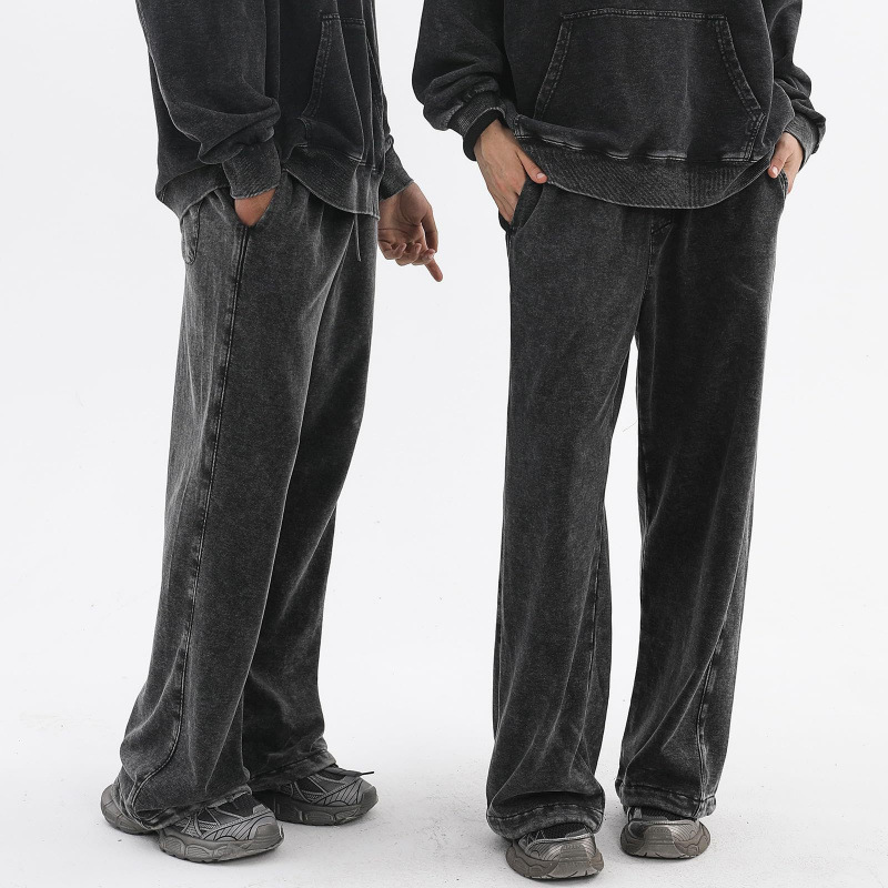 380G Retro Distressed Cotton Sweatpants, Plus Size, Drawstring, Casual, Loose Fit, Straight Leg Pants for Men