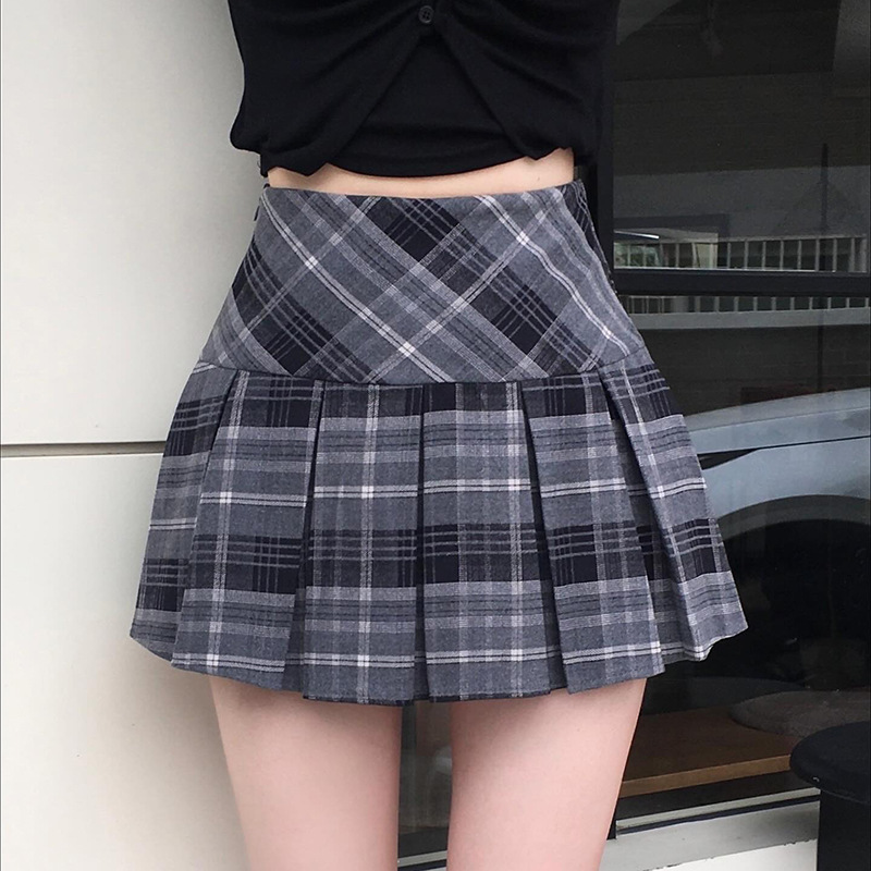欧美打版学院风修身显瘦格纹百褶裙新款甜美少女风高腰半身短裙|undefined
