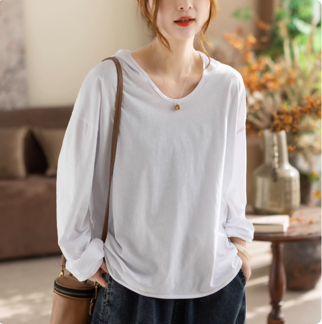 Cotton Base Shirt for Women, New Spring and Autumn Style, Round Neck Pullover, Solid Color, Loose Fit, Versatile, Retro Women's Top