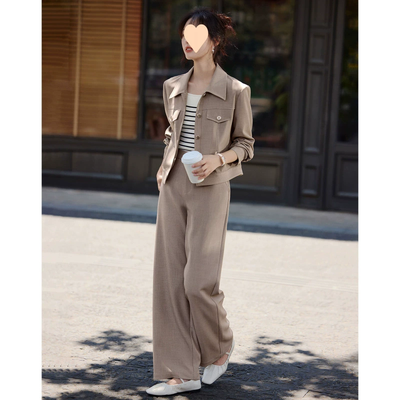 2025 новый осенний короткий жакет, простые и свободные прямые брюки, повседневный двухкомплектный костюм