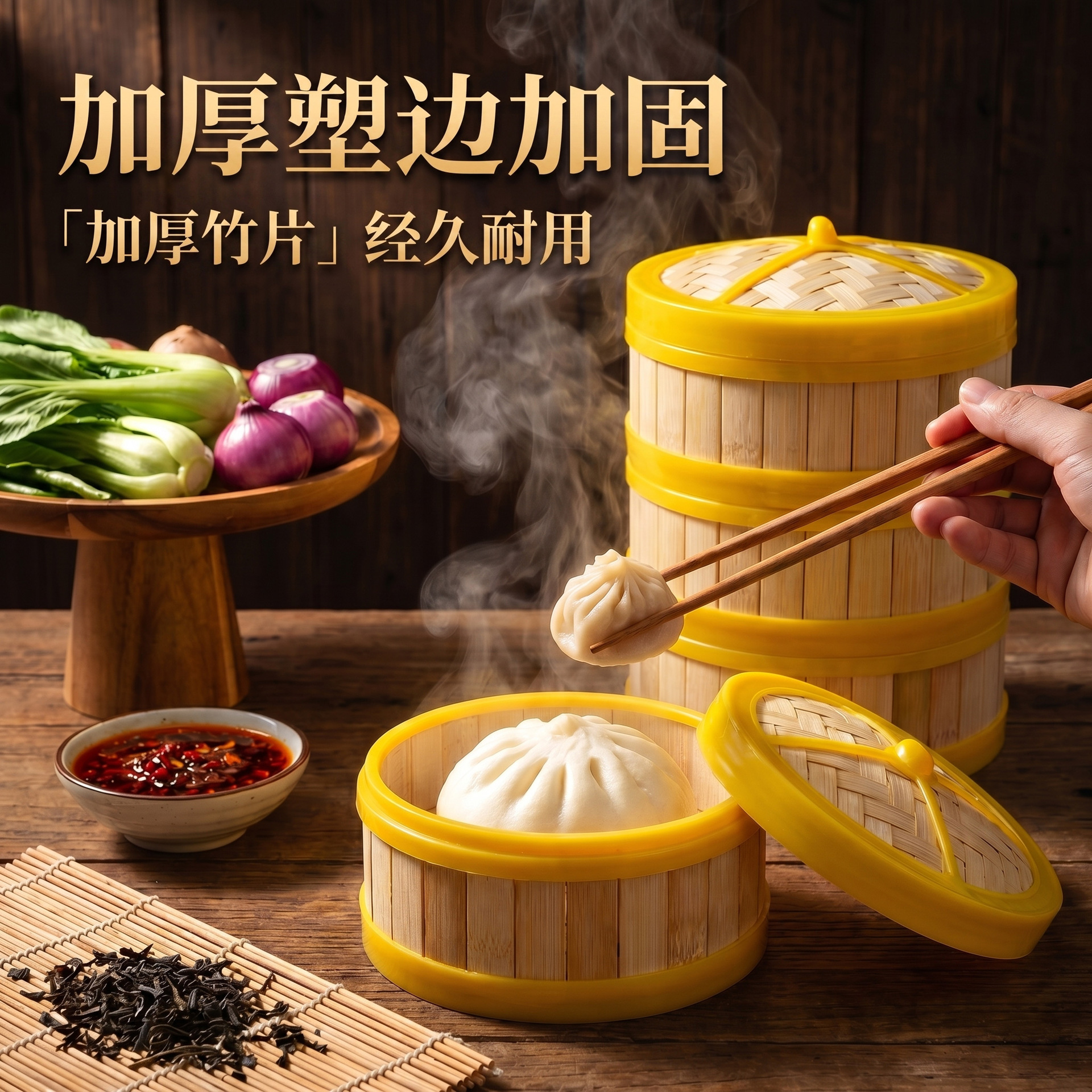 Deepened Plastic-Edged Bamboo Steamer Basket for Xiaolongbao, Restaurant-Use, Round, Commercial, Cantonese-Style Dim Sum Bamboo Steamer