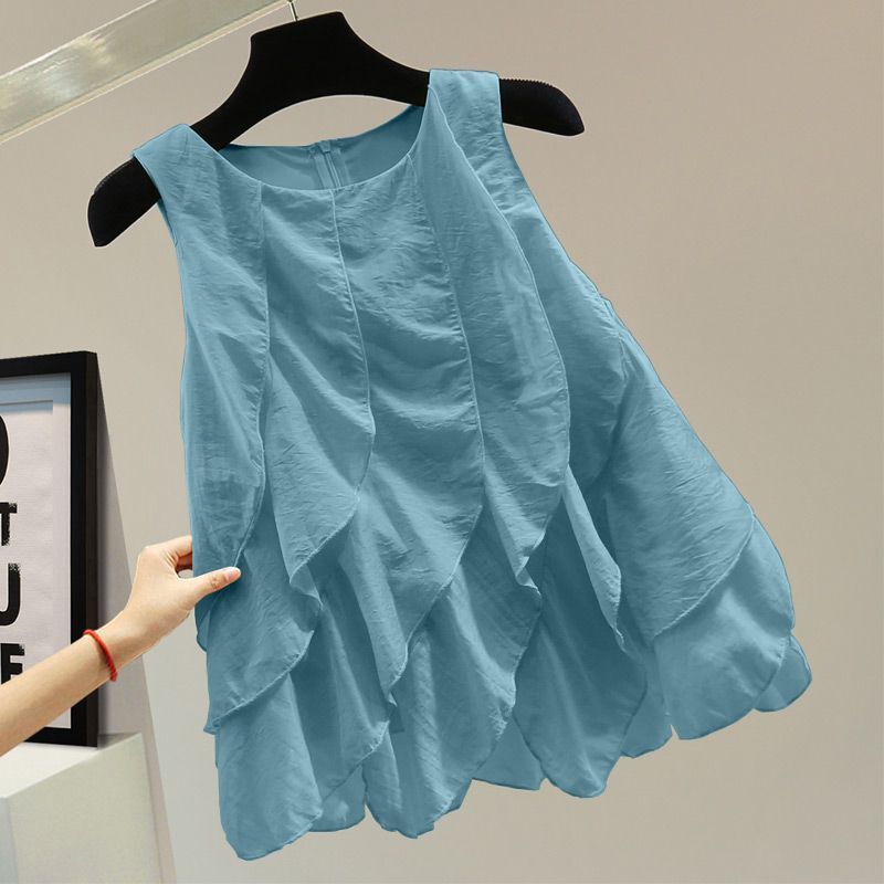 Ruffled Chiffon Patchwork Pullover Shirt 2025 Summer Korean Style Loose Slimming Solid Color Zipper Casual Vest Trendy Ruffled Chiffon Patchwork Pullover Shirt 2025 Summer Korean Style Loose Slimming Solid Color Zipper Casual Vest Trendy