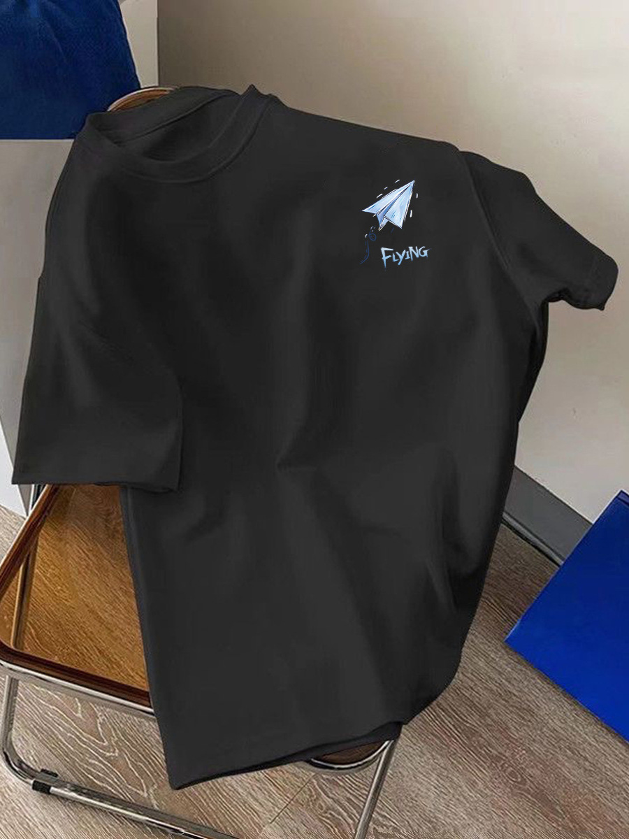 Estilo de Hong Kong negro frío hielo seda cuello redondo tendencia camiseta de los hombres top casual de todo fósforo simple traje de pareja