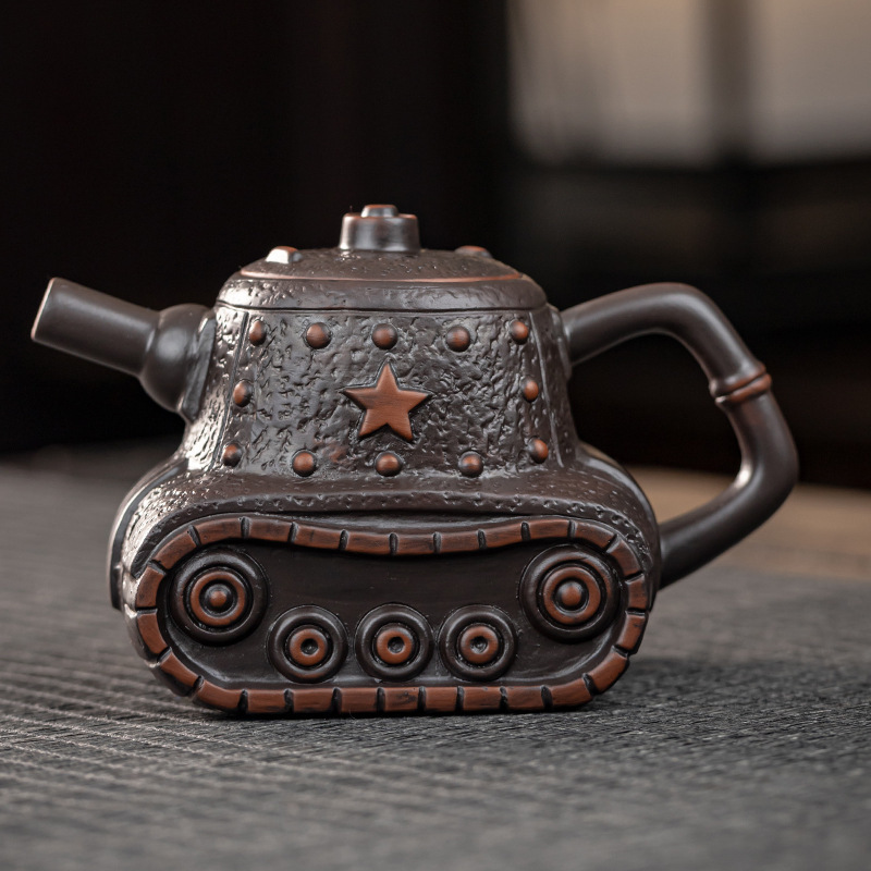 Creative Purple Clay Tank Teapot with One Pot and Two Cups Tea Set, Personalized Wealth-Attracting Animal Teapot, Portable Teapot